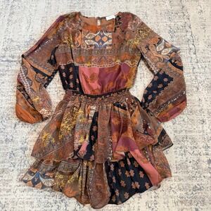 BLUIVY Paisley Patchwork Mini Romper Smocked Waist Ruffle Tiered Size Small
